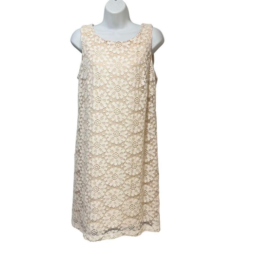 Ronni Nicole Womens Size 12 Cream Floral Lace Sleeveless Shift Dress Tan Lining